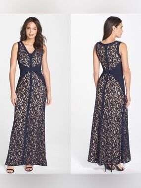 Tadashi Shoji Navy/Nude Lace V-Neck Gown w Pintuck Jersey Piping Sz 10
